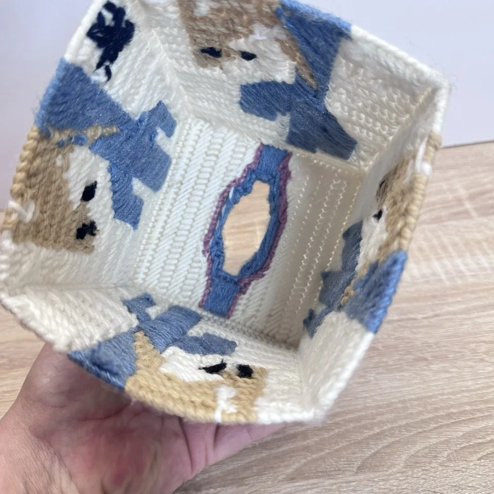 Vintage Cross Stitch Tissue Box Cover Square Vertical Coyote & Saguaro Southwest